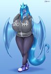  2016 anthro anthrofied articuno beak big_breasts blue_feathers blue_hair blush breasts clothed clothing feathered_wings feathers female footwear gradient_background hair hair_over_eye hi_res huge_breasts legendary_pok&eacute;mon long_hair mleonheart nintendo pok&eacute;mon pok&eacute;morph red_eyes shoes simple_background smile solo video_games wings 