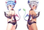  ass bat_wings bikini bikini_pull bikini_top black_panties blue_hair blush brown_eyes butt_crack dark_skin demon_girl demon_tail double_bun elbow_gloves flat_chest from_behind gloves hair_bun horns long_hair looking_back multiple_girls original panties pointy_ears purple_eyes shouni_(sato3) silver_hair smile succubus swimsuit tail underwear wings 