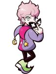  1boy anime_coloring aqua_eyes artist_request black_leggings blue_eyes crazy_raccoon crescent_ornament ear_piercing earrings fingerless_gloves fingernails fluffy_hair francisco_(crazy_raccoon) full_body gloves gold_earrings green_shoes heterochromia hood hood_down hoodie jacket jester_hood jewelry leggings looking_at_viewer looking_back male_focus mismatched_hood mismatched_hoodie official_art piercing pink_hair pink_hood pink_hoodie pointy_shoes polka_dot polka_dot_hoodie purple_hood purple_hoodie purple_sleeve_cuffs purple_sleeves second-party_source shoes short_hair solo star_and_crescent star_ornament sunglasses tachi-e thick_lineart transparent_background unworn_eyewear x_x 
