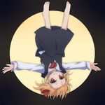  barefoot blonde_hair circle hair_ribbon hidarikata outstretched_arms red_eyes ribbon rumia shirt short_hair skirt smile solo spread_arms touhou upside-down vest 