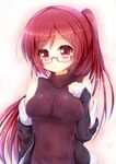  blush borrowed_character kane-neko long_hair off_shoulder original ponytail red_eyes red_hair ribbed_sweater solo sweater 