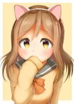  absurdres animal_ears bangs blush border bow bowtie brown_hair cat_ears clothes_in_mouth fake_animal_ears hand_to_own_mouth headband highres kunikida_hanamaru long_hair long_sleeves love_live! love_live!_sunshine!! outside_border red_bow red_neckwear sashimi0gou school_uniform serafuku simple_background sleeves_past_wrists solo tareme upper_body uranohoshi_school_uniform white_border yellow_background yellow_eyes 