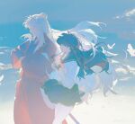  1boy 1girl absurdres afire ahoge animal_ears bead_necklace beads bird blue_background blue_hair blue_sailor_collar blue_skirt blue_sky blue_theme choppy_bangs closed_eyes cloud crossed_arms crossed_bandaids dog_boy dog_ears fang floating_hair hakama head_bump highres higurashi_kagome inuyasha inuyasha_(character) japanese_clothes jewelry limited_palette long_hair long_sidelocks long_sleeves neckerchief necklace open_mouth own_hands_together pleated_skirt red_hakama red_neckerchief ribbon-trimmed_sleeves ribbon_trim sailor_collar school_uniform serafuku shirt sidelocks simple_bird skin_fang skirt sky smile tooth_necklace very_long_hair watermark weibo_username weibo_watermark white_birds white_hair white_shirt 