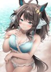  1girl absurdres alternate_costume animal_ears aqua_eyes beard bikini blue_bikini blush breasts brown_hair brown_tail cleavage closed_mouth commentary_request daring_tact_(umamusume) facial_hair fingernails frilled_bikini_bottom frilled_bikini_top from_above hair_ornament highres horse_ears horse_girl horse_tail large_breasts looking_at_viewer medium_hair navel ocean outdoors red_hayao smile solo swimsuit tail thighs umamusume 