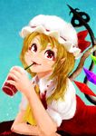 ascot blonde_hair blush carte cup dress drinking drinking_glass drinking_straw elbow_rest fangs faux_traditional_media flandre_scarlet hat highres laevatein laevatein_(tail) lips mob_cap pointy_ears puffy_short_sleeves puffy_sleeves red_dress red_eyes short_sleeves side_ponytail solo tail touhou wings 
