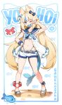  1girl ;3 ahoge animal_ear_fluff animal_ears bikini blonde_hair blue_bikini blue_bow blue_eyes blue_hair blue_sailor_collar blunt_bangs bow brown_sandals cat_ears commentary dress fins fish_girl fish_in_mouth fish_tail frilled_bikini frilled_bikini_top frilled_sailor_collar frills full_body hair_bow hand_on_own_hip highleg highleg_bikini highres indie_virtual_youtuber kaniki_(sameko_saba) lifebuoy_hair_ornament long_hair looking_at_viewer low_twintails mouth_hold multicolored_hair navel one_eye_closed one_side_up sailor_collar sailor_dress sameko_saba sameko_saba_(fish) sandals short_shorts shorts sleeveless sleeveless_dress solo stomach streaked_hair swimsuit tail tenchi_mayo twintails v very_long_hair virtual_youtuber white_dress white_hair white_shorts 