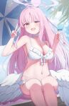  1girl absurdres angel_wings beach_umbrella bikini blue_archive blush breasts cleavage collarbone feathered_wings food frilled_bikini frilled_bikini_bottom frilled_bikini_top frills halo highres holding holding_food holding_popsicle kabomeel_lse long_hair looking_at_viewer melting_popsicle mika_(blue_archive) mika_(swimsuit)_(blue_archive) navel official_alternate_costume official_alternate_hairstyle open_mouth pink_hair pink_halo popsicle smile solo stomach swimsuit umbrella v very_long_hair white_bikini white_wings wing_ornament wings yellow_eyes 
