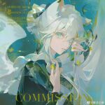  1girl absurdres afire animal_ears black_ribbon black_sleeves blue_background blue_eyes blue_theme cat_ears cat_girl close-up double-parted_bangs face_jewel flower frilled_sleeves frills gem hair_between_eyes hair_bun hair_jewelry hair_ribbon highres holding holding_flower jewel_under_eye limited_palette long_sidelocks long_sleeves looking_at_viewer original parted_lips plant red_gemstone ribbon short_hair_with_long_locks sidelocks solo watermark weibo_username weibo_watermark white_hair yellow_flower 