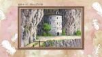  abe_yoshitoshi artist_request border brown_border building check_artist cliff day feathers haibane_renmei highres no_humans official_art ornate_border outdoors pink_border production_art rope_fence scenery third-party_source tower translation_request tree white_feathers 