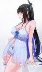  1girl absurdres alternate_costume babydoll black_hair black_horns black_nails blue_babydoll blue_hair blue_shorts breasts cleavage colored_inner_hair english_commentary highres hololive hololive_english horns large_breasts long_hair multicolored_hair navel nerissa_ravencroft red_eyes shorts simple_background solo soup_(soupysoull) very_long_hair virtual_youtuber white_background 