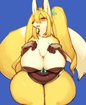  big_breasts blush breasts canine cleavage clothed clothing fox huge_breasts huge_thighs kemono kishibe mammal overweight simple_background skimpy smile solo thick_thighs 