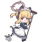  1girl animal_ear_headphones animal_ears apron black_dress blonde_hair blue_archive cat_ear_headphones chibi dress fake_animal_ears fake_tail halo headphones long_sleeves maid_apron maid_headdress midori_(blue_archive) midori_(maid)_(blue_archive) momoi_(blue_archive) momoi_(maid)_(blue_archive) number_print official_alternate_costume one-take pink_eyes pink_halo tail white_apron 