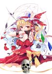  adapted_costume ascot birdcage black_gloves breasts cage cleavage crystal dress english flandre_scarlet flower gloves hat hat_ribbon knife laevatein long_hair medium_breasts mob_cap red_dress ribbon side_ponytail single_glove skull solo tetsurou_(fe+) touhou white_background wings 