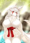  2016 anthro big_breasts black_nose blush bottomless breasts canine cleavage clothed clothing female fox fur hair hi_res huge_breasts japanese japanese_clothing kimono long_hair looking_at_viewer mammal megane_inu nipples open_mouth red_eyes solo standing wet white_fur white_hair 