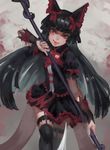  absurdres black_hair black_legwear bow dress garter_straps gate_-_jieitai_ka_no_chi_nite_kaku_tatakaeri gothic_lolita hair_bow highres hime_cut holding holding_weapon krin lolita_fashion long_hair looking_at_viewer red_eyes rory_mercury smile solo thighhighs weapon 