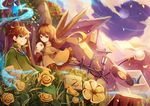  1girl anzi apple aqua_eyes brown_hair cape commentary_request food fruit gem glowing lamp lanota light_bulb long_hair moon mountain record short_hair smile tree_stump wind 