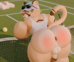 2025 3d_(artwork) absurd_res anthro anus ball balls bedroom_eyes bent_over big_butt black_clothing black_hat black_headwear brown_body brown_ears brown_fur brown_tail butt clothing cougar digital_media_(artwork) eyewear eyewear_on_head felid feline fur genitals green_eyes grey_clothing grey_hat grey_headwear half-closed_eyes hat headgear headwear hi_res looking_back male mammal multicolored_body multicolored_fur narrowed_eyes net outside penis pink_nose presenting presenting_hindquarters racket rear_view roblox seductive shirt smile snarkyfang solo sunglasses sunglasses_on_head tail tan_body tan_fur tank_top teeth tennis_ball tennis_net tennis_racket thick_thighs three-quarter_view topwear two_tone_hat two_tone_tail white_clothing white_shirt white_tank_top white_topwear