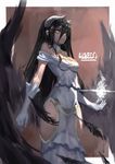  absurdres albedo bare_shoulders black_hair breasts cleavage dress feathered_wings gloves highres horns krin long_hair magic medium_breasts off_shoulder overlord_(maruyama) solo white_dress white_gloves wings yellow_eyes 
