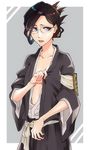  black_hair bleach blue_eyes covering covering_breasts glasses grey_background highres ise_nanao japanese_clothes kofunami_nana short_hair solo tied_hair 
