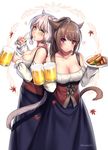  2girls alcohol animal_ears aruma_jiki beer beer_mug blush breasts brown_hair cat_ears cat_tail cleavage dirndl facial_mark final_fantasy final_fantasy_xiv german_clothes green_eyes heart large_breasts leaf long_hair looking_at_viewer maple_leaf miqo&#039;te multiple_girls oktoberfest pink_eyes short_hair silver_hair smile star tail underbust v waifu2x 