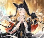  1girl absurdres animal_ear_headwear aqua_eyes archetto_(arknights) archetto_(glory_of_the_devout)_(arknights) arknights bell bird black_dress black_veil blonde_hair chinese_commentary commentary_request dove dress floating_hair guimpe hair_between_eyes half-closed_eyes hands_up heterochromia highres interlocked_fingers jewelry long_hair looking_down necklace nun official_alternate_costume orange_eyes own_hands_clasped own_hands_together praying ring smile solo three-quarter_sleeves upper_body veil wide_sleeves xiangchizhubijin 