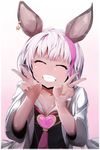  animal_ears bad_id bad_pixiv_id bangs blush breasts chloe_(granblue_fantasy) cleavage dark_skin double_v earrings erune eyebrows eyebrows_visible_through_hair granblue_fantasy grin gyaru heart highres jacket jewelry kogal medium_breasts multicolored_hair purple_hair short_hair single_earring smile solo star star_earrings streaked_hair upper_body v wada_kazu white_hair white_jacket 