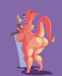  anthro big_breasts big_butt breasts butt dragon female horn huge_breasts looking_back melee_weapon nipples nude purple_eyes scalie smutbooru solo sword thick_thighs voluptuous weapon wide_hips 