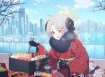  1girl ahoge artist_request bento black_gloves blue_archive blush bow building chicken_(food) chopsticks city cityscape cloud day demon_horns food food_on_face fried_chicken fruit fur_scarf fur_trim game_cg gloves grapes grey_hair hair_bow hair_ornament hairclip halo highres holding holding_chopsticks horns izumi_(blue_archive) izumi_(new_year)_(blue_archive) japanese_clothes kimono kokosando long_hair long_sleeves mandarin_orange obi official_art open_mouth outdoors parted_bangs red_kimono sash sitting sky skyline skyscraper solo steamed_bun teeth thermos thick_eyebrows tree very_long_hair wide_sleeves yellow_eyes yellow_halo 