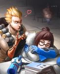  2boys bei_ju_luoxuan_wan black-framed_eyewear blanket blonde_hair brown_hair desk emoticon eyebrows fat fat_man glasses hair_bun hair_ornament hair_stick heart highres junkrat_(overwatch) mechanical_arm mei_(overwatch) multiple_boys overwatch pinky_out roadhog_(overwatch) shirtless short_hair sleeping spiked_hair spoken_heart 