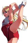  :d armpits arms_behind_head blonde_hair blue_eyes blush cheerleader eyebrows_visible_through_hair highres long_hair looking_at_viewer matsunaga_kouyou open_mouth original simple_background smile solo split standing standing_on_one_leg standing_split teeth white_background 