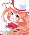 :d bad_id bad_pixiv_id bangs blush drusilla eyebrows eyebrows_visible_through_hair from_behind granblue_fantasy green_eyes hand_on_own_face harvin hat hat_ribbon highres long_hair long_sleeves looking_back open_mouth orange_hair pointy_ears red_ribbon ribbon smile solo twintails upper_body wada_kazu white_hat 