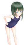  blue_eyes green_hair highres leaning_forward long_hair looking_at_viewer one-piece_swimsuit original school_swimsuit simple_background solo swimsuit yamaishi_nohi 