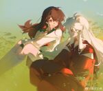  1boy 1girl afire ahoge animal_ears bead_necklace beads blue_background brown_eyes brown_hair choppy_bangs dog_boy dog_ears double-parted_bangs from_side gradient_background green_background green_sailor_collar green_skirt hair_between_eyes hakama highres higurashi_kagome inuyasha inuyasha_(character) japanese_clothes jewelry long_sidelocks long_sleeves looking_at_another neckerchief necklace plant pleated_skirt red_eyes red_hakama red_neckerchief sailor_collar school_uniform serafuku sidelocks sitting skirt tooth_necklace watermark weibo_username weibo_watermark white_hair 