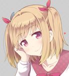  blonde_hair bow closed_mouth commentary_request eyebrows eyebrows_visible_through_hair furuhiro hair_bow hand_on_own_cheek iijima_yun long_sleeves new_game! open_eyes red_eyes smile solo two_side_up 