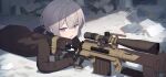  1girl black_gloves black_skirt bolt_action brown_hair brown_jacket cheytac_m200 commentary_request girls&#039;_frontline gloves grey_eyes gun highres holding holding_gun holding_weapon hood hooded_jacket jacket looking_at_viewer lying m200_(girls&#039;_frontline) on_stomach open_mouth pleated_skirt rifle scope skirt sniper_rifle solo trigger_discipline weapon wuschelminityp 