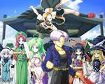  6+girls antenna_hair ascot belt black_hair black_wings blonde_hair blue_eyes blue_sky blurry bow braid breasts chinese_clothes cleavage cleavage_cutout clenched_hand cloud crossover day depth_of_field detached_sleeves dragon_ball dragon_ball_z frown gohei green_eyes green_hair grin hair_bow hair_tubes hairband hakurei_reimu hand_on_hip hat highres hong_meiling jacket japanese_clothes kamishima_kanon kirisame_marisa kochiya_sanae konpaku_youmu large_breasts lavender_hair midriff miko multiple_girls navel outstretched_arm pectorals polaroid red_eyes red_hair ribbon-trimmed_sleeves ribbon_trim shameimaru_aya sheath shrine sky smile sweatdrop sword touhou trunks_(dragon_ball) twin_braids upside-down weapon white_hair wide_sleeves wings witch_hat wrist_cuffs 