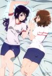  absurdres barefoot brown_eyes brown_hair feet gym_shorts gym_uniform hibike!_euphonium highres kousaka_reina long_hair lying multiple_girls official_art on_back on_side open_mouth oumae_kumiko pillow pinky_swear profile purple_eyes purple_hair satou_tatsuya scan short_hair shorts smile soles toes yuri 