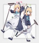  2girls animal_ear_headphones animal_ears apron black_dress black_shoes blonde_hair blue_archive blush closed_mouth commentary_request corn_kuten dress fake_animal_ears frilled_apron frilled_dress frills green_eyes green_halo halo headphones holding long_sleeves maid maid_apron maid_headdress midori_(blue_archive) midori_(maid)_(blue_archive) momoi_(blue_archive) momoi_(maid)_(blue_archive) multiple_girls official_alternate_costume open_mouth pantyhose pink_halo red_eyes shoes short_hair siblings sisters smile twins twitter_username virtual_pet_(toy) white_apron white_pantyhose 