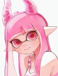 1girl closed_mouth commentary_request fake_horns hairband highres horn_hairband horns inkling inkling_girl inkling_player_character jewel_under_eye kodak_painter long_hair looking_at_viewer pink_eyes pink_hair pink_hairband pink_tank_top pointy_ears simple_background smile solo splatoon_(series) striped_tank_top tank_top tentacle_hair two-tone_tank_top upper_body white_background white_tank_top 