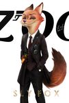  2016 anthro canine disney eyewear fox green_eyes half-closed_eyes hand_in_pocket holding_object inner_ear_fluff male mammal nick_wilde simple_background smile solo suit sunglasses text white_background zootopia 