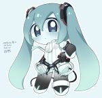  1girl agpgwm aqua_background aqua_hair aqua_skin blue_eyes character_name chibi closed_mouth colored_skin double-parted_bangs eyes_visible_through_hair frown gradient_hair hair_between_eyes hand_on_own_hip hatsune_miku hatsune_miku_(append) long_hair multicolored_hair outline twintails very_long_hair vocaloid white_outline 