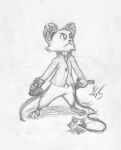 2025 3_toes 4_fingers absurd_res ambiguous_gender anthro barefoot bottomless bottomless_anthro clothed clothing feet female_(lore) fighting_pose fingers flail flask full-length_portrait fur graphite_(artwork) hi_res holding_object holding_weapon just_w mammal melee_weapon mina_(mina_the_hollower) mina_the_hollower monochrome mouse murid murine notched_ear overcoat paws portrait pose rodent shaded shadow signature simple_background solo spikes tail toes traditional_media_(artwork) weapon white_background yacht_club_games