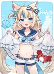  1girl :d absurdres ahoge animal_ear_fluff animal_ears bikini blonde_hair blue_bikini blue_bow blue_eyes blue_hair blue_nails blunt_bangs blush bow clothes_lift crab dress dress_lift fang fins fish_girl fish_tail frilled_bikini_top highres indie_virtual_youtuber kaniki_(sameko_saba) lifebuoy_hair_ornament long_hair low_twintails multicolored_hair nail_polish navel open_clothes open_dress paper_boat pel_(mog_mogn) sailor_collar sailor_dress sameko_saba shell shorts side-tie_bikini_bottom skin_fang smile streaked_hair striped_bikini striped_clothes swimsuit tail twintails very_long_hair virtual_youtuber white_dress white_shorts 