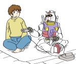  1boy amuro_ray barefoot blue_pants brown_hair butterfly_sitting commentary_request controller denim game_cartridge game_console game_controller gundam holding_controller indian_style jeans long_sleeves mecha mobile_suit_gundam pants rx-78-2 shirt short_hair sitting sitting_on_ground sweatdrop turtleneck weapon weapon_on_back yellow_shirt yoshino_norihito 