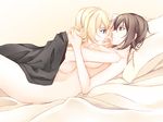  blonde_hair blue_eyes breasts brown_eyes commentary_request darjeeling eye_contact finger_to_mouth girls_und_panzer hand_behind_head inu0831 large_breasts looking_at_another multiple_girls nishizumi_maho nude short_hair yuri 