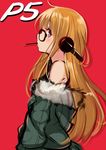  ahoge bare_shoulders black_legwear blush copyright_name food from_side fur_trim glasses headphones highres jacket jpeg_artifacts kujou_ichiso long_hair mouth_hold number off_shoulder orange_hair persona persona_5 pocky profile purple_eyes red_background sakura_futaba simple_background solo very_long_hair 