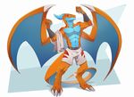  3_toes 4_fingers abs anthor blue_skin claws clothed clothing digitigrade dragon male membranous_wings muscular muscular_male orange_skin patto shorts simple_background solo standing toes topless wings yellow_eyes 