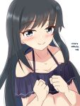  1girl asashio_(kancolle) bikini black_bikini black_hair blue_eyes blush breasts collarbone frilled_bikini frilled_bikini_top frills highres kantai_collection long_hair looking_at_viewer navel sawatani_(chevalier_04056) small_breasts smile solo swimsuit upper_body white_background 