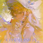  1girl absurdres afire asymmetrical_sleeves bare_shoulders black_choker blonde_hair blue_gemstone choker curly_hair detached_sleeves double-parted_bangs earrings floating_earrings frilled_sleeves frills gem hair_between_eyes hat hat_ornament highres holding holding_stuffed_toy jewelry long_hair necklace original parted_lips pendant_choker plant pointy_ears single_detached_sleeve sleeveless smile solo strapless stuffed_animal stuffed_toy upper_body very_long_hair watermark weibo_username weibo_watermark white_hat yellow_background yellow_eyes yellow_theme 