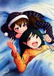  black_hair brown_hair carte checkered faux_traditional_media hair_twirling hat highres himekaidou_hatate lying multiple_girls nightcap on_back on_stomach open_mouth pajamas purple_eyes red_eyes shameimaru_aya touhou under_covers 